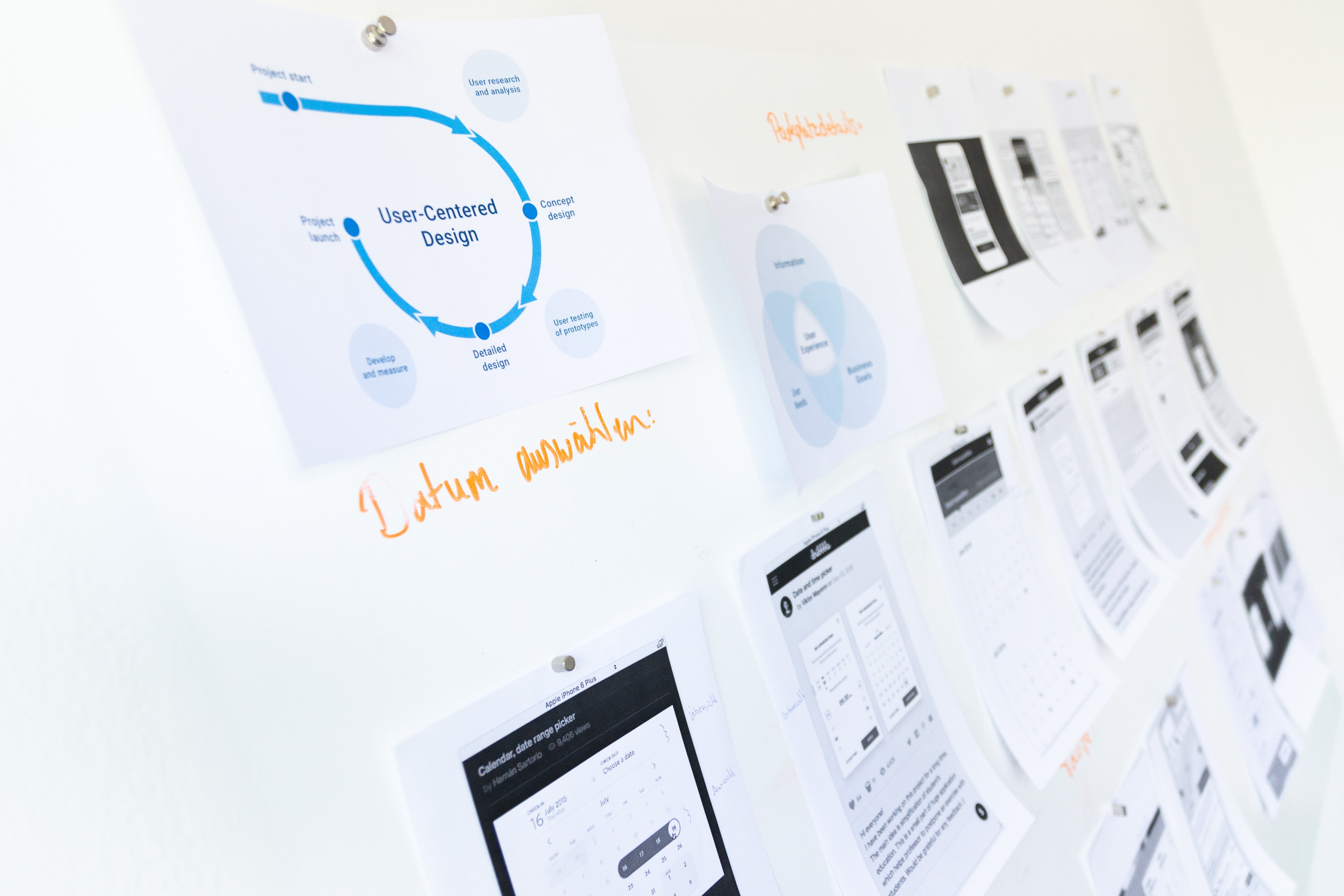 Whiteboard with UX materials